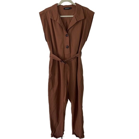 BLANKNYC Womens Belted Jumpsuit Size Medium Brown Cotton Linen Sleeveless